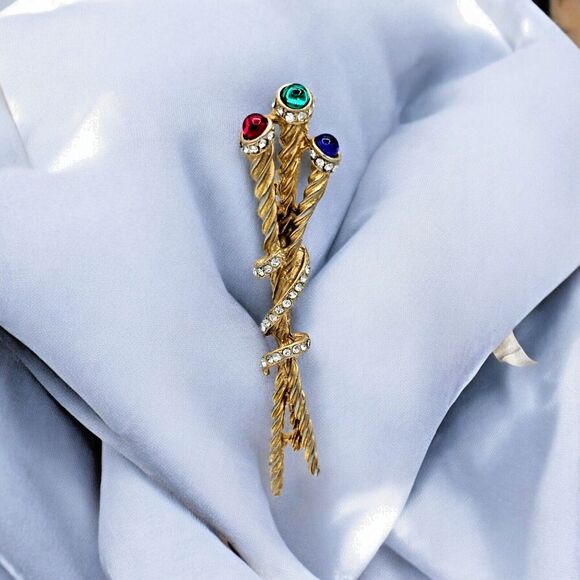 Vintage Gripoix Brooch Royal Scepter Ornamented Staff Red Green Blue Jeweled Pin - Picture 2 of 10